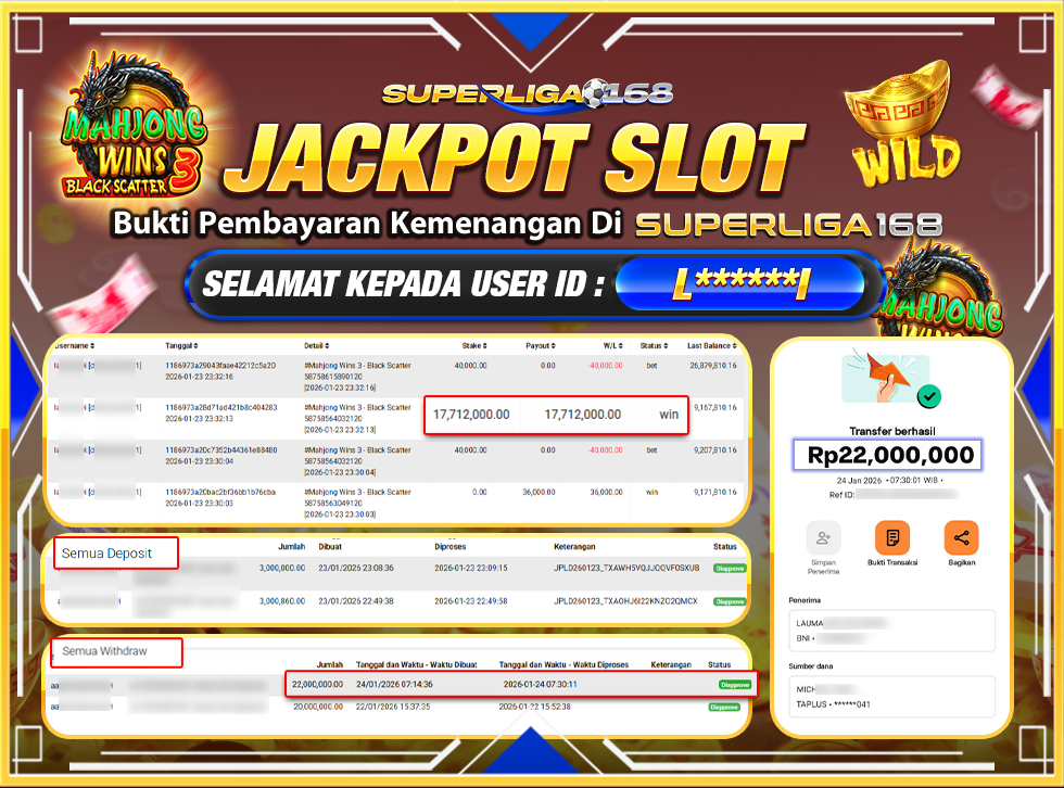 SUPERLIGA168 JACKPOT MAHJONG WINS BLACK 3 SCATTER  Rp.22,000,000,LUNASS